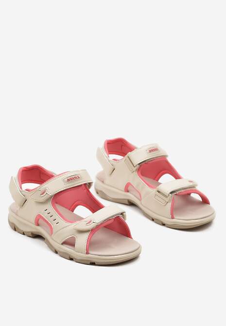 Beżowe Sportowe Sandały na Płaskiej Podeszwie ze Skórzaną Wkładką Zapinane na Rzep Frailla