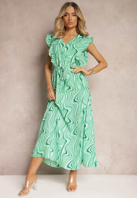 Jasnozielona Rozkloszowana Sukienka z Guzikami i Gumką w Talii Mottella