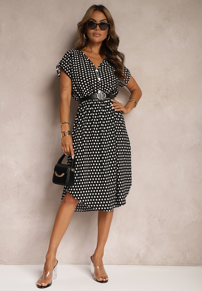 Czarno-Biała Sukienka z Bawełny o Rozkloszowanym Kroju z Gumką w Talii Emilla