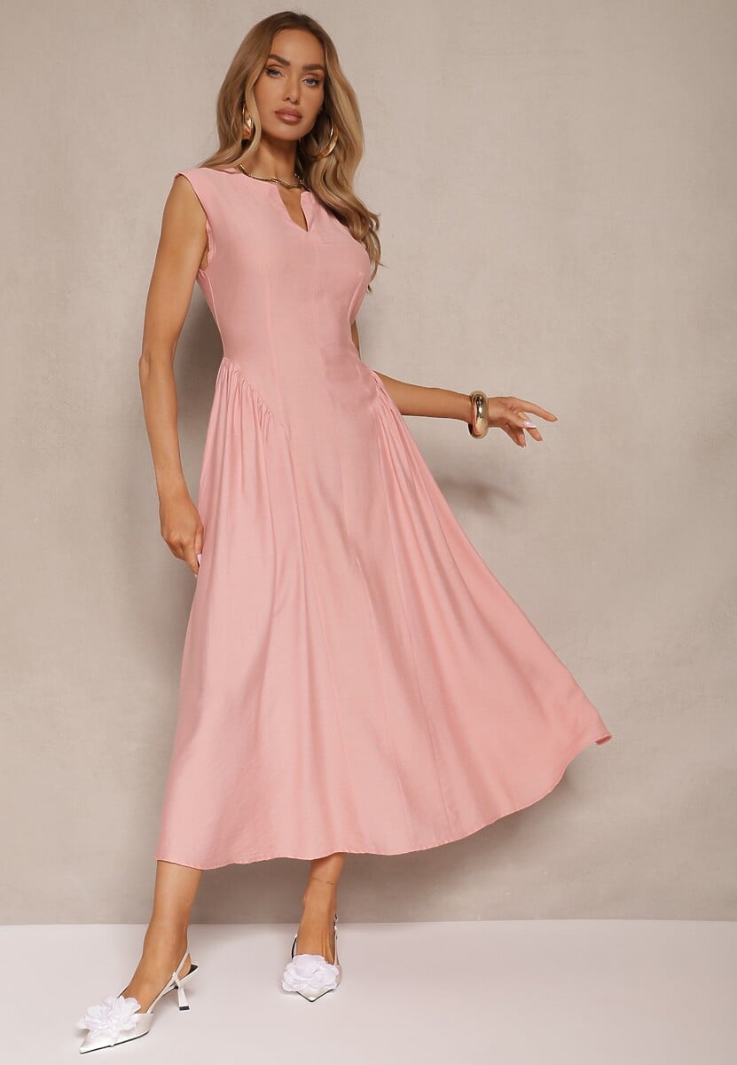 Beżowa Rozkloszowana Sukienka z Wiskozy Lirune