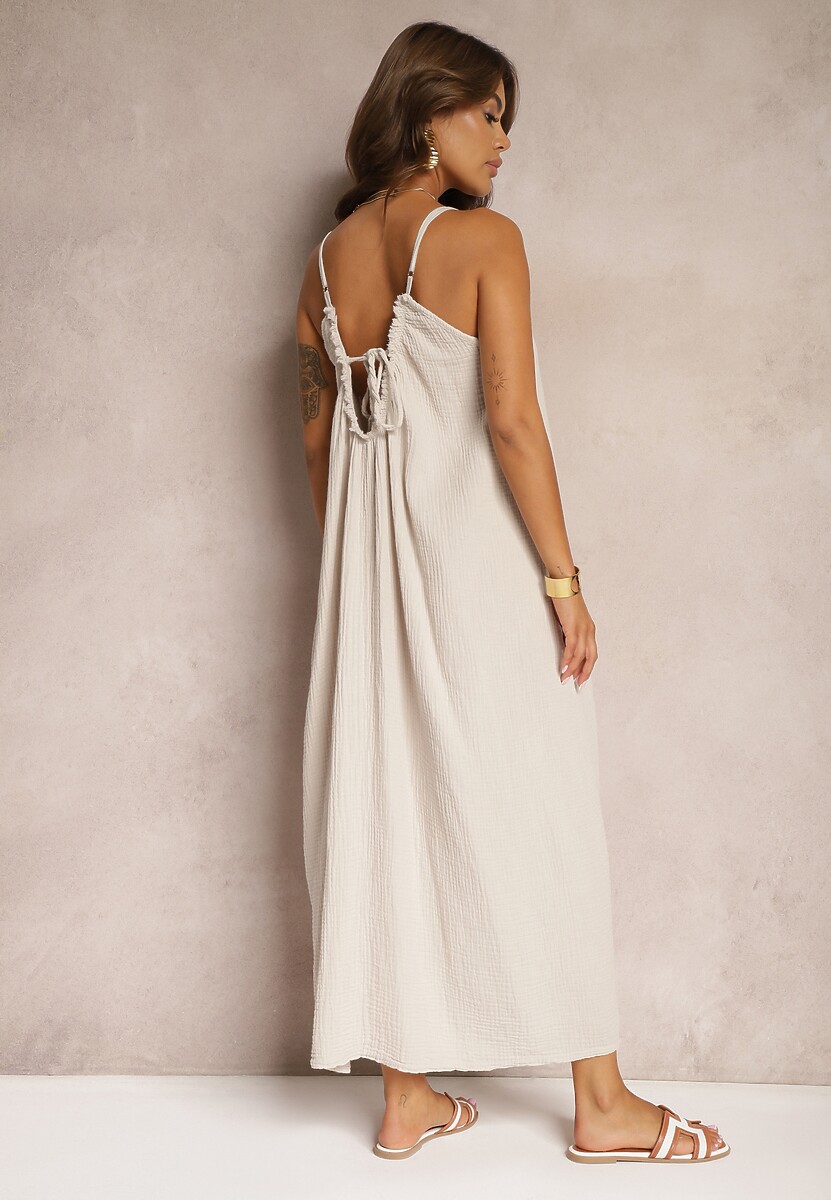 Beżowa Sukienka Muślinowa z Bawełny na Ramiączkach z Regulacją i Wiązaniem przy Dekolcie Felisea