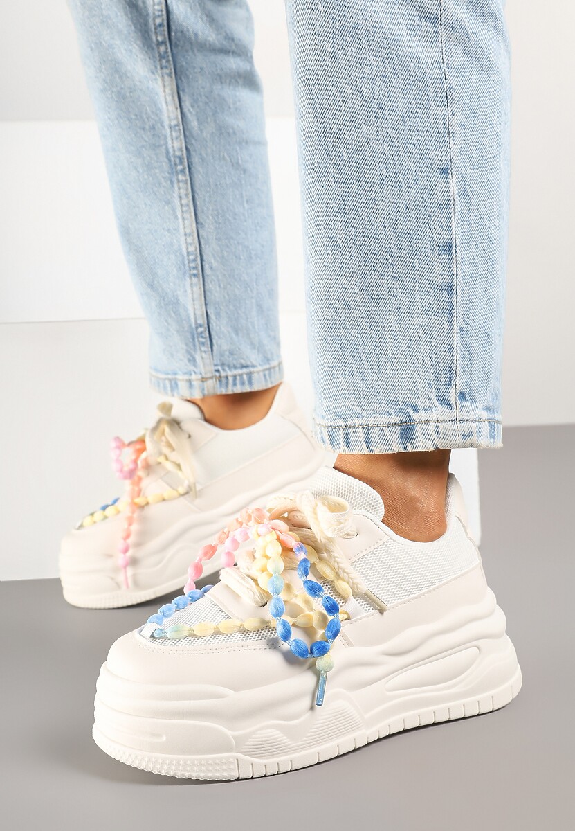 Beżowe Sneakersy na Platformie z Koralikami Amovanna