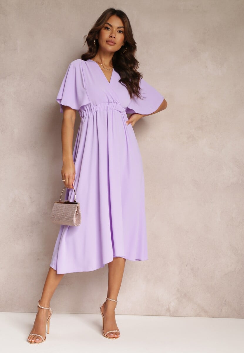 Fioletowa Sukienka z Gumką w Talii Krótkim Rękawem i Kopertowym Dekoltem Kelila