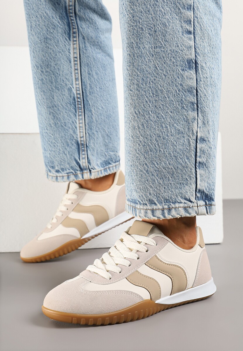 Beżowe Sneakersy Kultowe Tenisówki Zdobione Przeszyciami Welluria