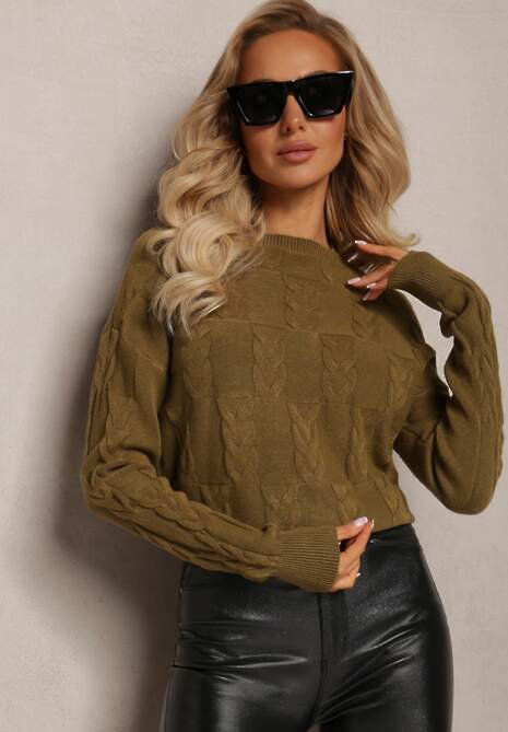 Ciemnozielony Warkoczowy Sweter z Długim Rękawem i Ściągaczami Kaviss