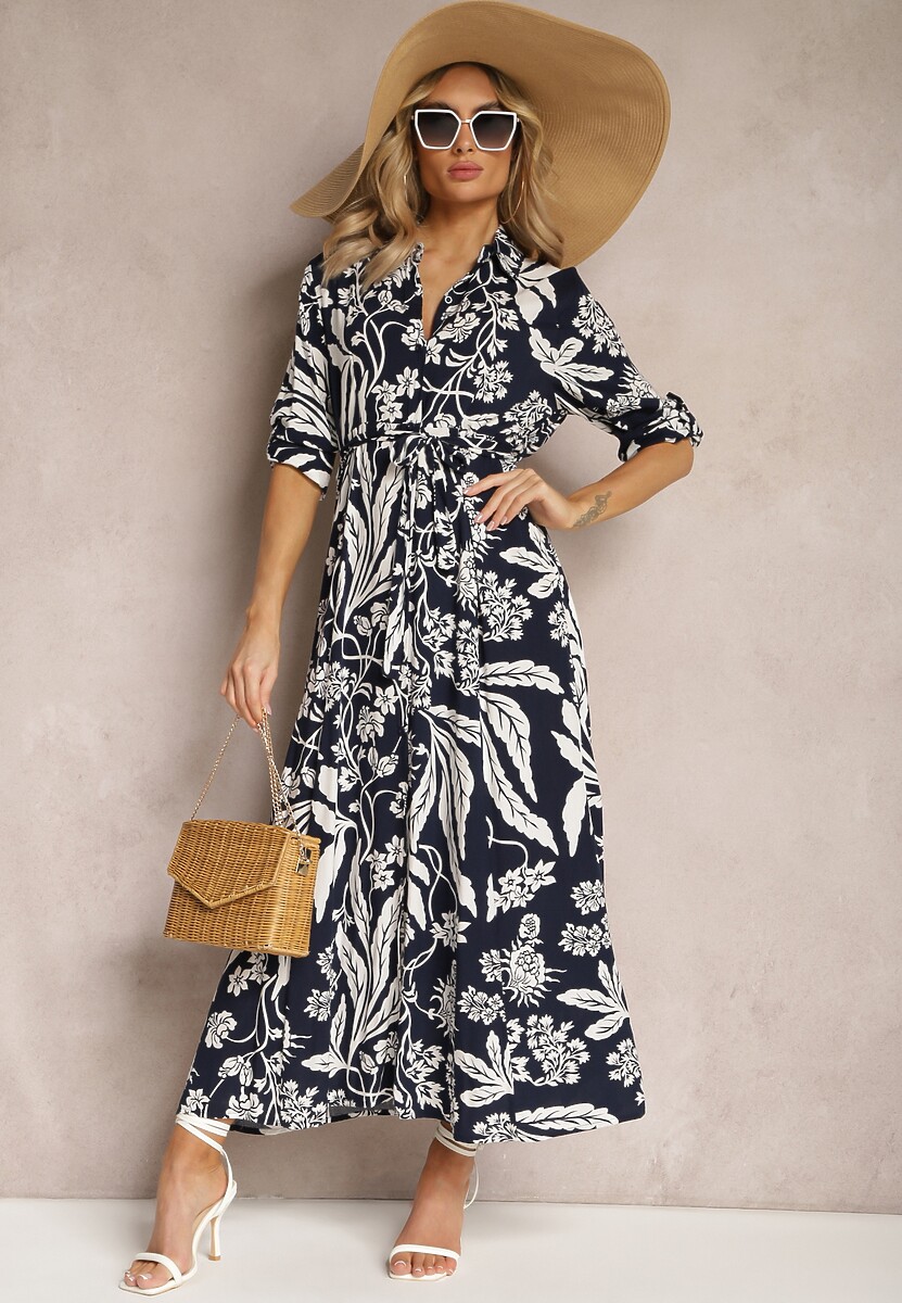 Granatowo-Biała Sukienka o Długim Koszulowym Fasonie z Wzorem w Kwiaty Seraplle