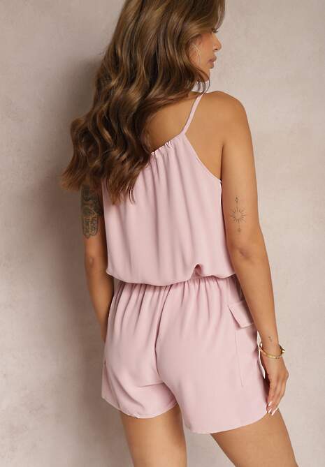 Różowy Kombinezon Bawełniany z Gumką w Talii i Wiązaniem przy Dekolcie Joramla