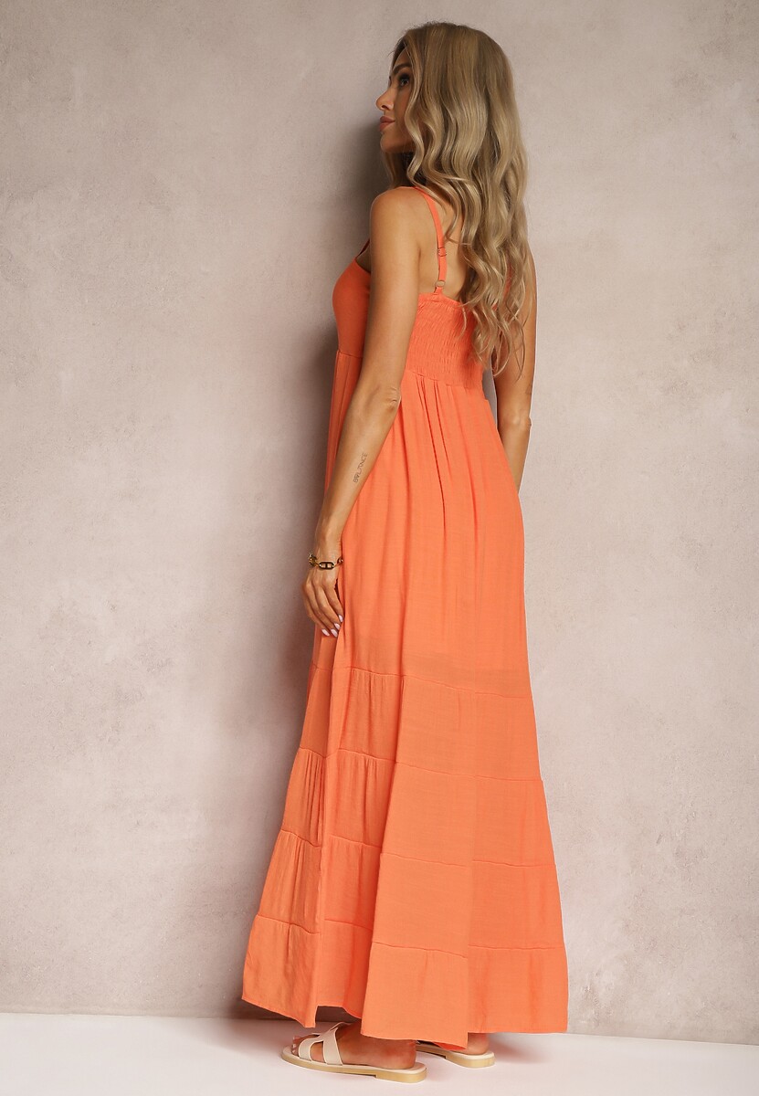 Pomarańczowa Sukienka z Dodatkiem Bawełny na Ramiączkach z Regulacją oraz Gumką z Tyłu Tinanoras