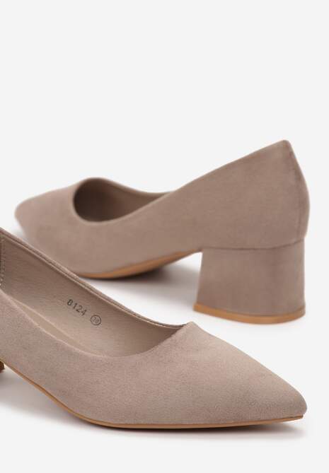 Ciemnobeżowe Czółenka z Imitacji Zamszu na Niskim Słupku Rahal