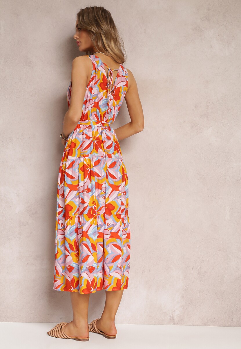 Pomarańczowo-Różowa Rozkloszowana Sukienka Midi z Gumką i Wiązaniem w Pasie z Wiskozy Overblossom