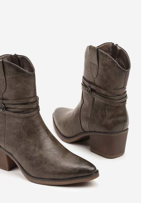Ciemnobeżowe Botki Kowbojki na Stożkowym Obcasie z Cholewką z Rzemykiem Zoiana