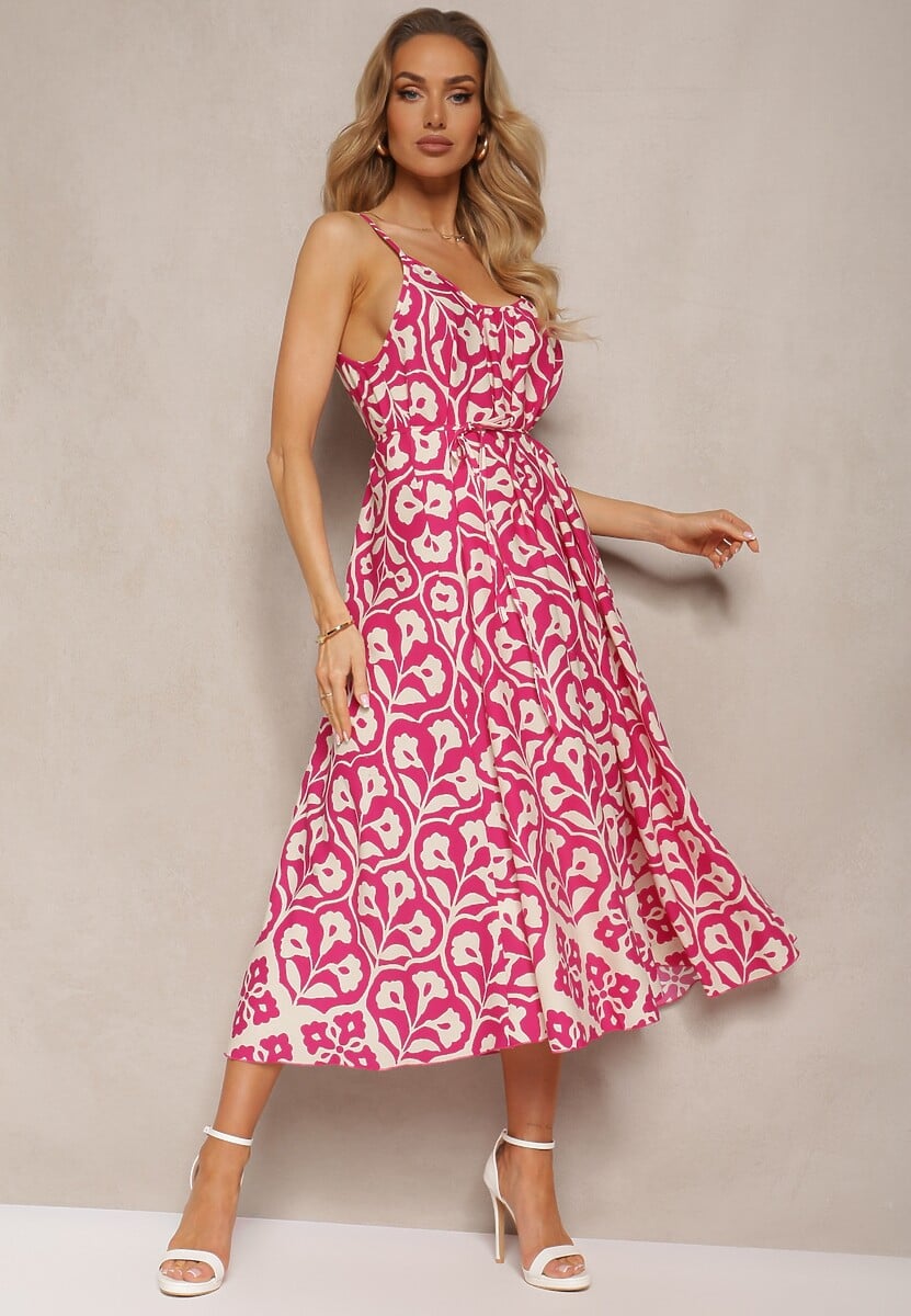 Fuksjowa Trapezowa Sukienka Ściągana Troczkiem na Ramiączkach Illseta