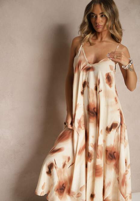 Beżowa Sukienka z Wiskozy Ozdobiona Abstrakcyjnym Wzorem Nilluna