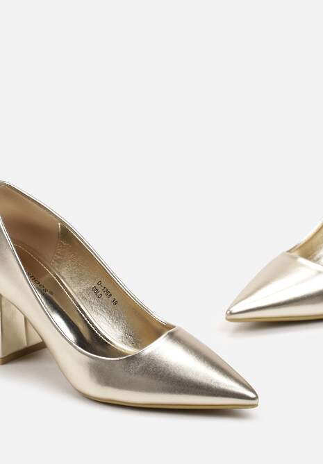 Złote Czółenka z Ekoskóry na Geometrycznym Słupku Nerolia