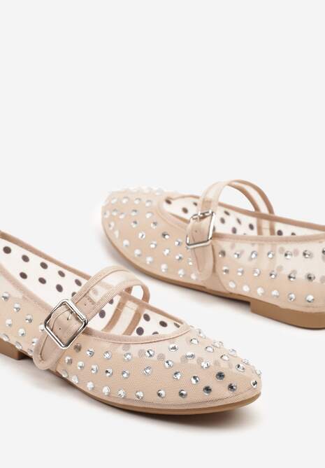 Beżowe Balerinki Ozdobione Cyrkoniami i Przezroczystą Cholewką Ridirissa