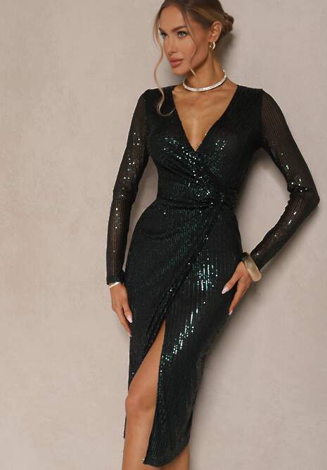 Zielona Kopertowa Sukienka Midi z Drapowaniem Ozdobiona Cekinami Fendra