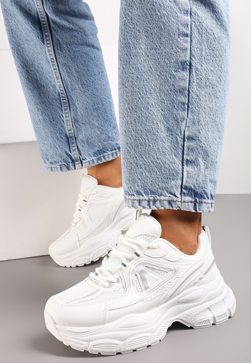 Białe Sneakersy z Siateczką i Wstawkami z Ekoskóry na Grubej Podeszwie Anirele