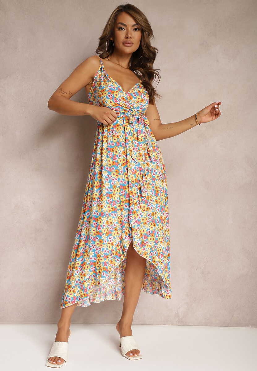 Żółto-Niebieska Sukienka z Bawełny na Ramiączkach  z Asymetrycznym Rozcięciem i Dekoltem w Serek Milloa