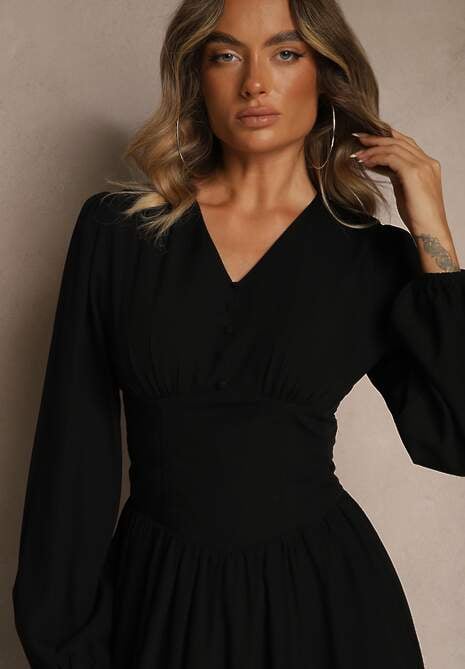 Czarna Gorsetowa Sukienka z Wiskozą z Guzikami i Bufiastymi Rękawami Ahlite