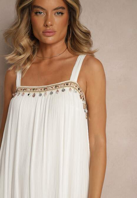 Biała Rozkloszowana Sukienka z Wiskozy z Metalicznymi Aplikacjami Sevinda