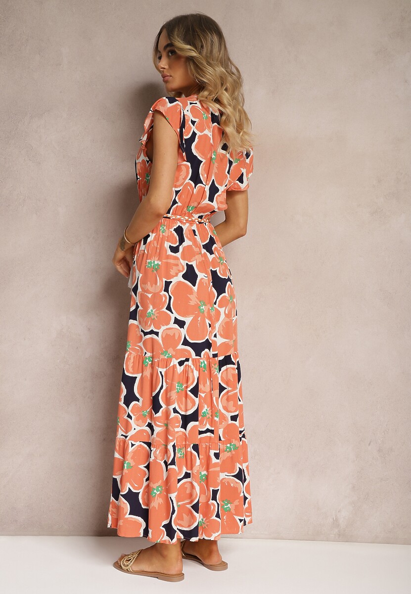 Pomarańczowa Kwiecista Sukienka z Wiskozy z Gumką w Talii Wiązana Materiałowym Paskiem Vikennia