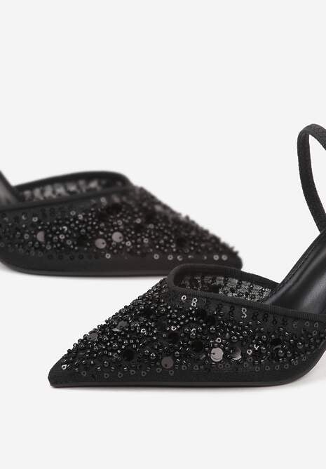 Czarne Szpilki Slingback Zdobione Perełkami i Cekinami Irifera