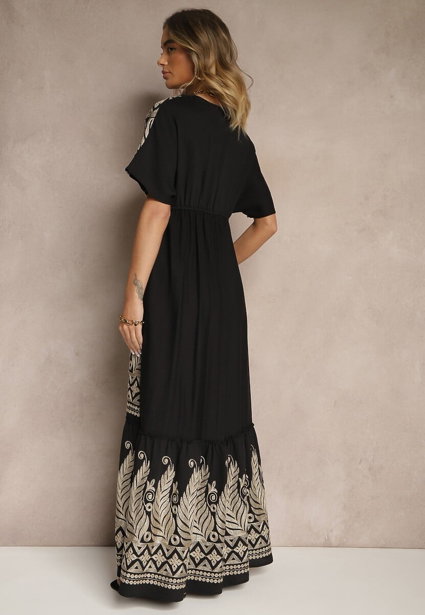 Czarna Wiskozowa Sukienka Boho o Kopertowym Kroju z Metalicznym Haftem Redeselle