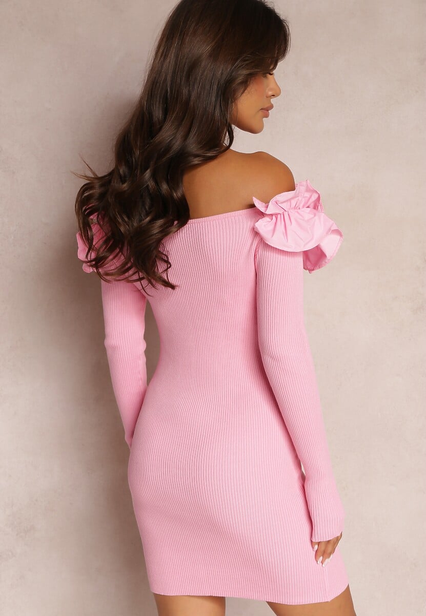 Różowa Hiszpanka Sukienka Mini z Falbankami i Kwiatami Balinorre