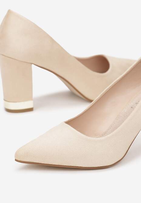 Beżowe Czółenka na Ozdobnym Słupku z Wkładką ze Skóry Naturalnej Alellia