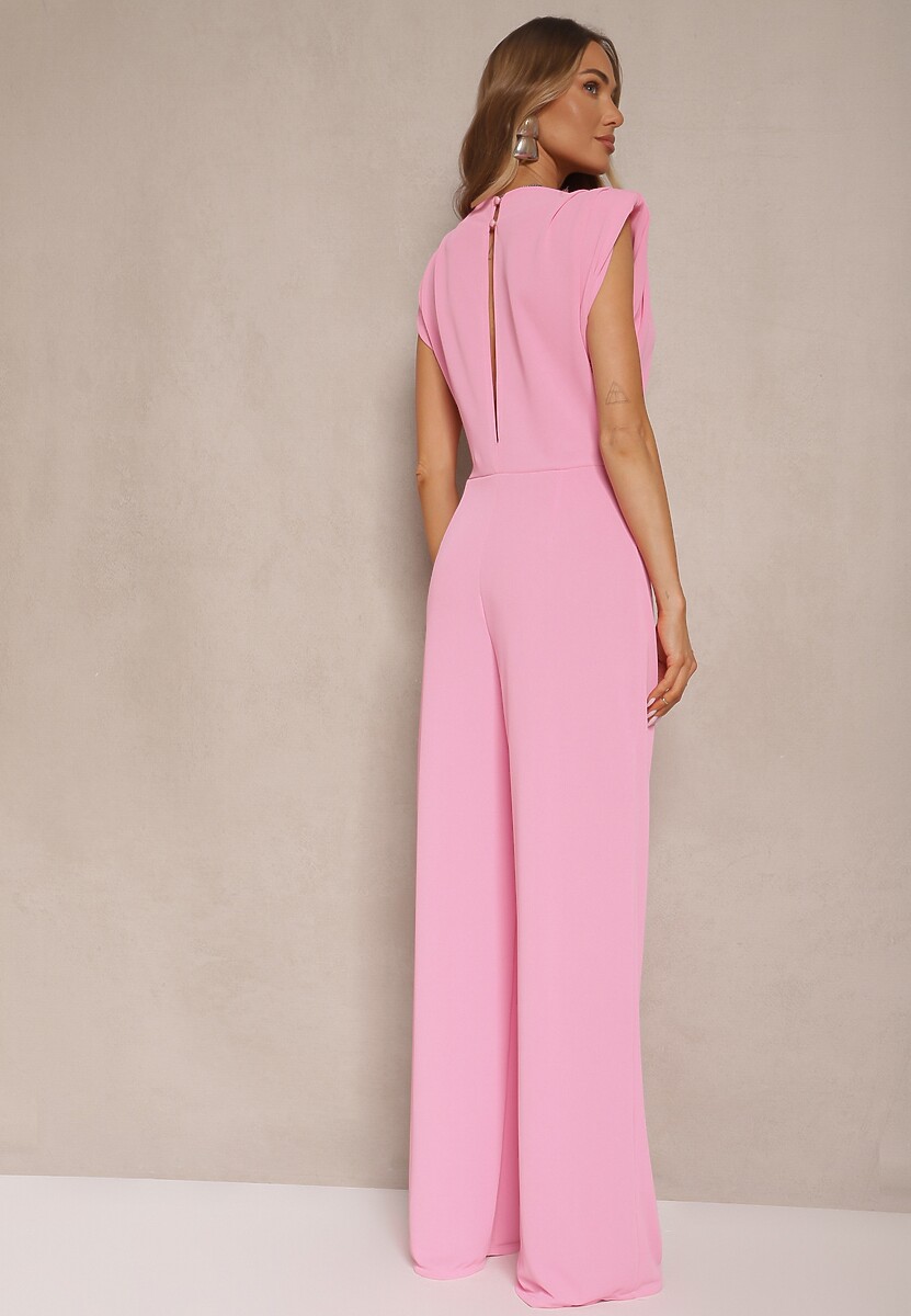 Różowy Kombinezon Bez Rękawów z Szeroką Nogawką i Marszczeniem Sepellia