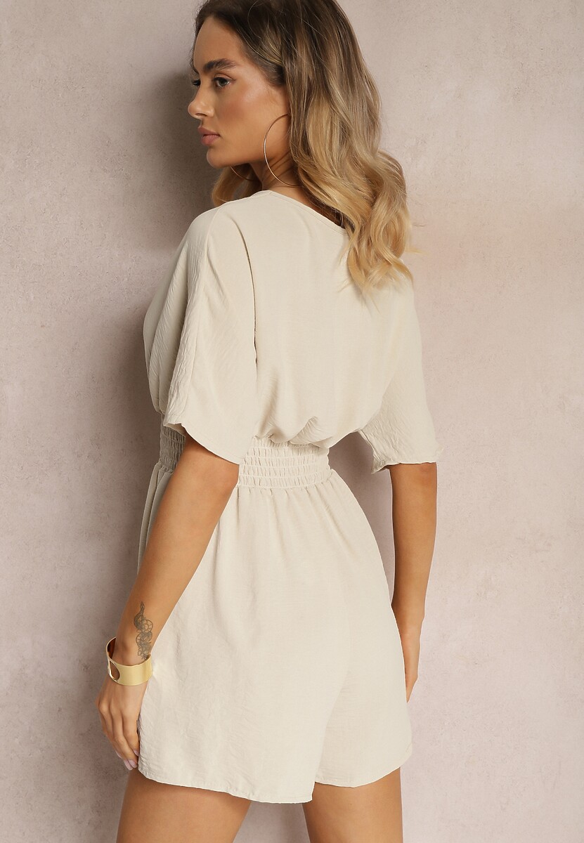 Beżowy Kombinezon Kopertowy z Gumką w Pasie Fandrea