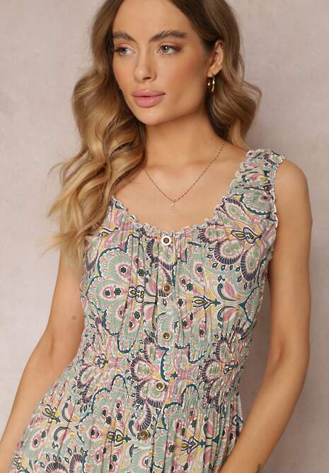 Miętowo-Różowa Kwiecista Sukienka Midi z Cienkimi Gumkami w Talii i Falbankami Jallia