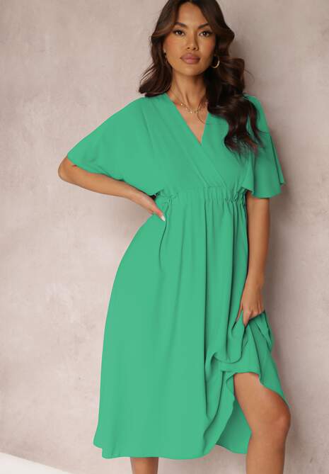 Zielona Sukienka z Gumką w Talii Krótkim Rękawem i Kopertowym Dekoltem Kelila