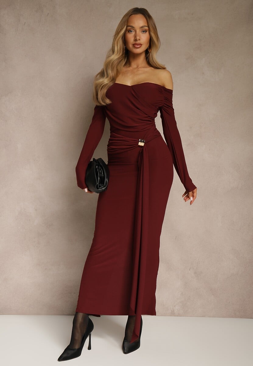 Bordowa Marszczona Sukienka o Dopasowanym Kroju z Trenem i Rozcięciem Aluilea