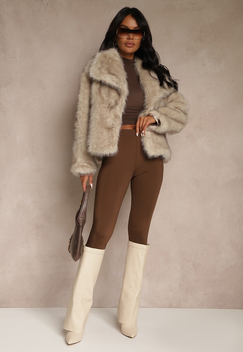 Ciemnobeżowa Kurtka Futrzana Ozdobiona Kołnierzem Avelire