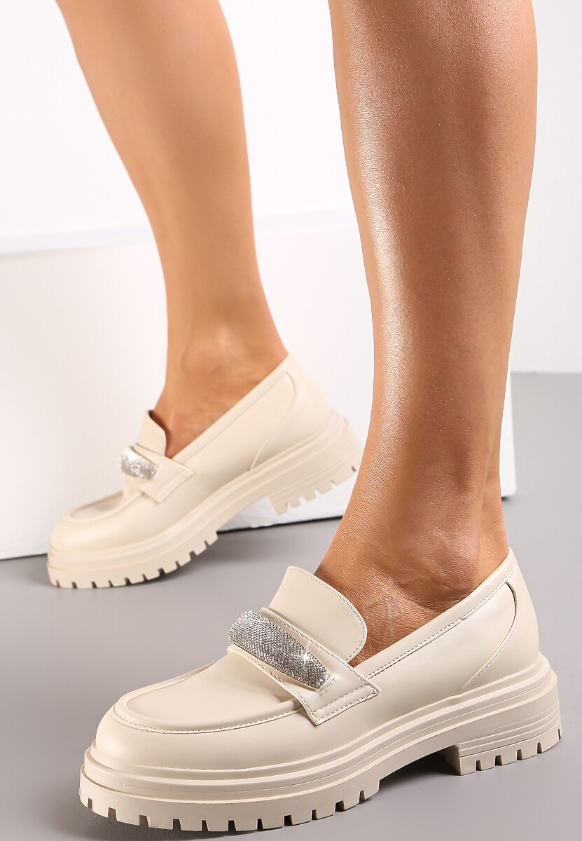 Beżowe Mokasyny na Grubej Podeszwie z Ozdobą z Cyrkonii Neosa