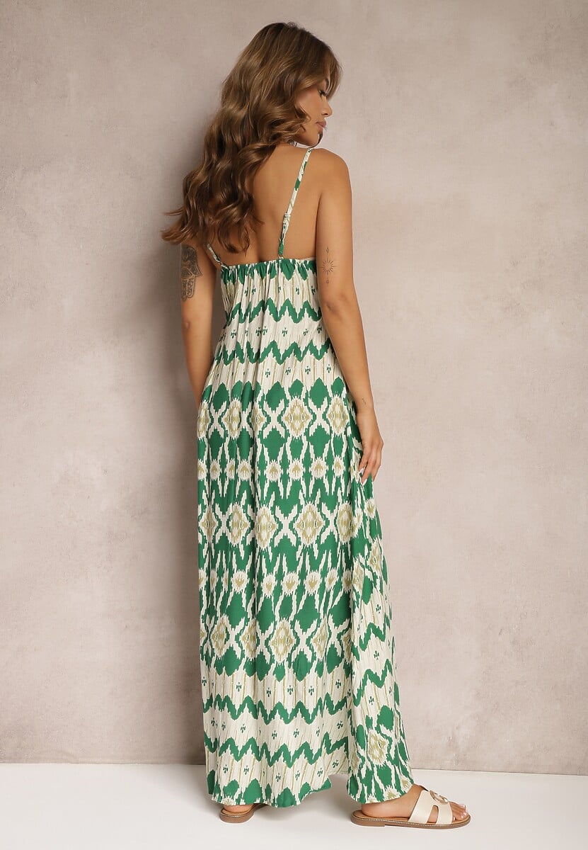 Zielona Sukienka z Wiskozy na Ramiączkach o Rozkloszowanym Kroju i Geometrycznym Wzorze Xervidia