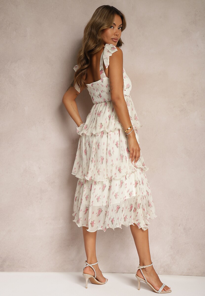 Jasnobeżowa Sukienka Plisowana o Rozkloszowanym Kroju na Ramiączkach z Gumką w Pasie Dilsea