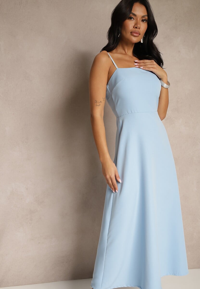 Niebieska Rozkloszowana Sukienka na Ramiączkach z Wywiniętym Dekoltem Jenavitia