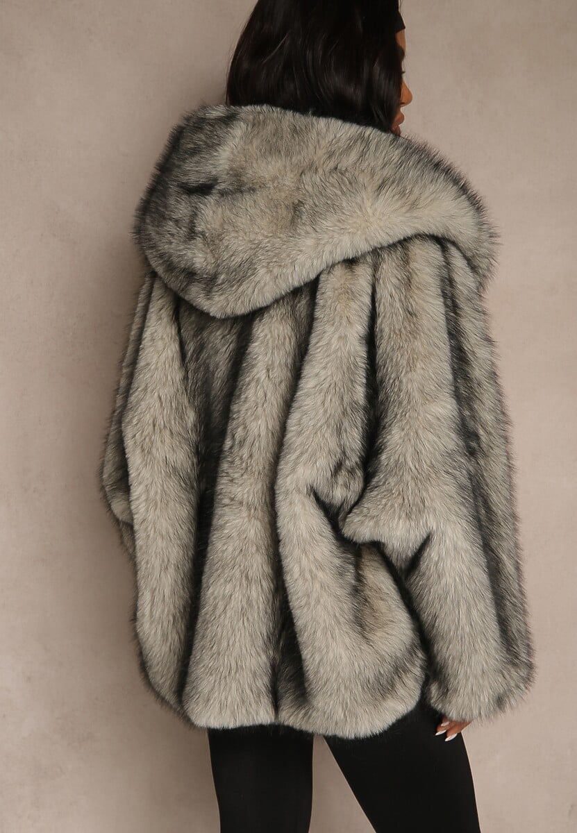 Szara Oversizowa Kurtka Futerko z Kapturem Venelle