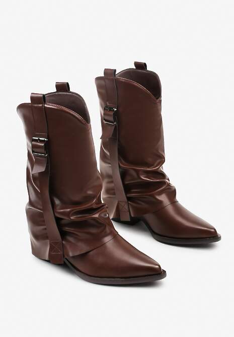 Ciemnobrązowe Botki Kowbojki z Wywiniętą Cholewką z Marszczeniem Ilova