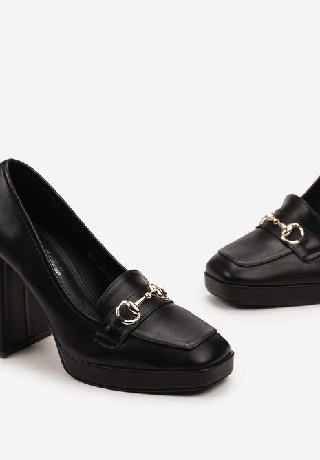 Czarne Czółenka na Wysokim Słupku z Platformą i Metalową Klamerką Paliotte