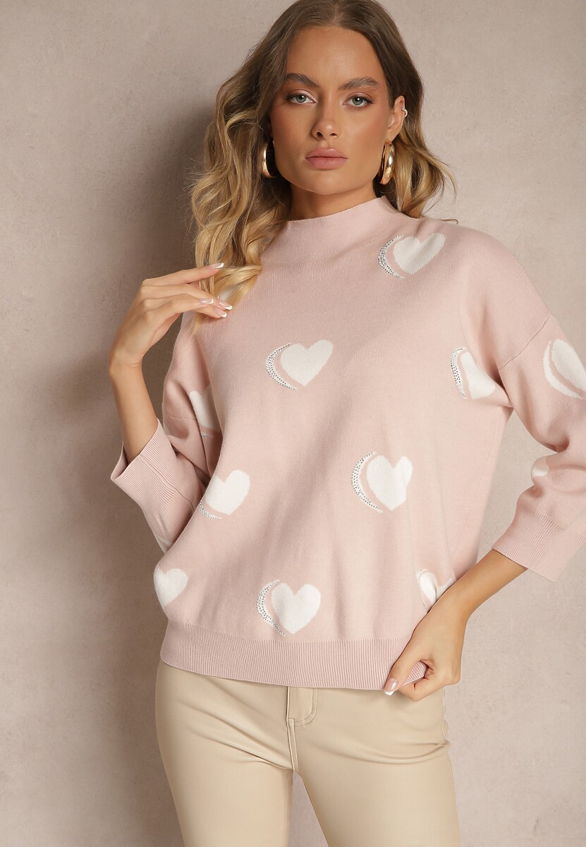 Czarno-Biały Sweter z Wiskozą i Modalem Ozdobiony Sercami Zeanisia