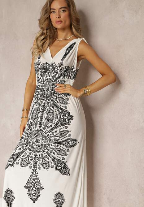 Biała Długa Sukienka z Wzorem Boho Sznurkami na Ramionach i Gumką w Pasie Hideni