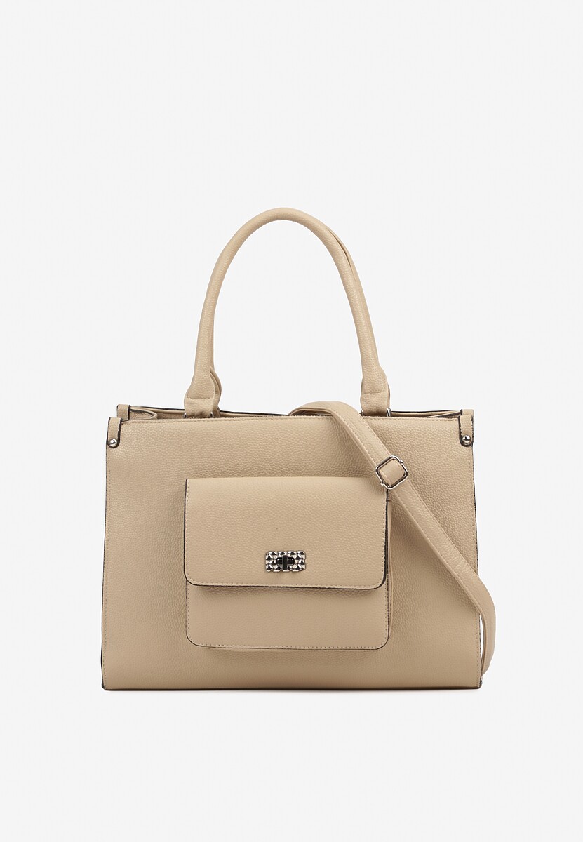 Beżowa Prostokątna Torebka z Kieszenią na Zewnątrz i Paskiem Tirseki