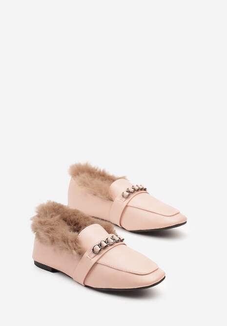 Różowe Mokasyny na Płaskiej Podeszwie z Futerkiem i Metaliczną Ozdobą Emalorae