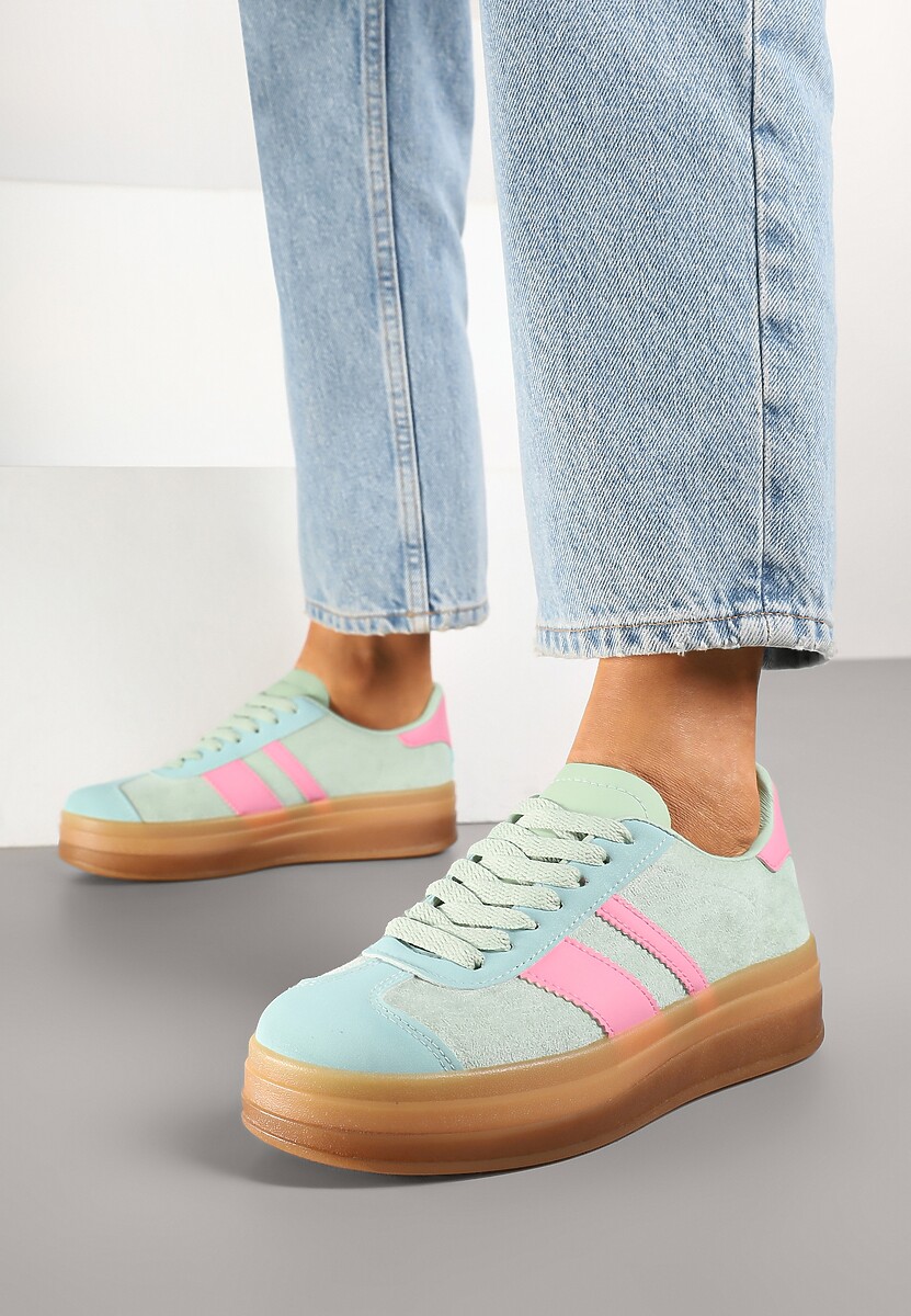 Jasnozielone Sneakersy na Płaskiej Podeszwie z Ozdobnymi Paskami Velali