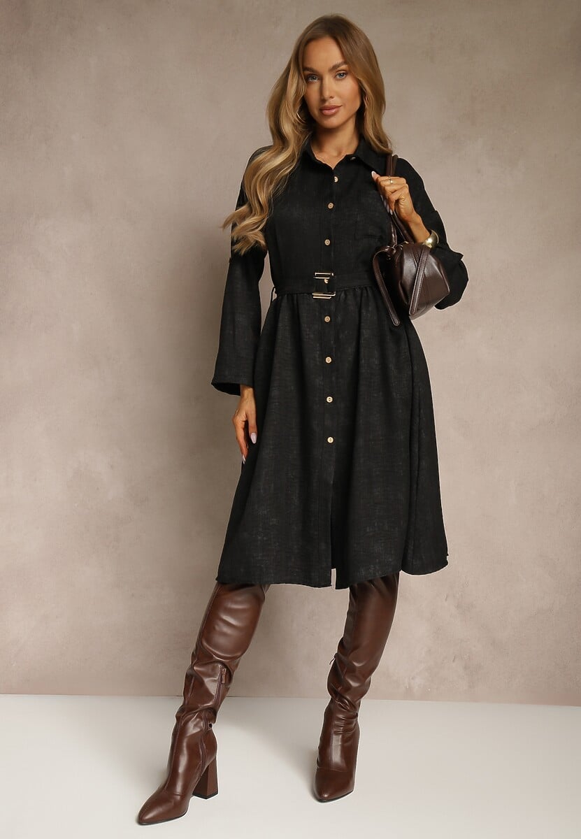 Niebieska Sukienka Koszulowa z Paskiem z Klamrą i Kieszonką Parmio