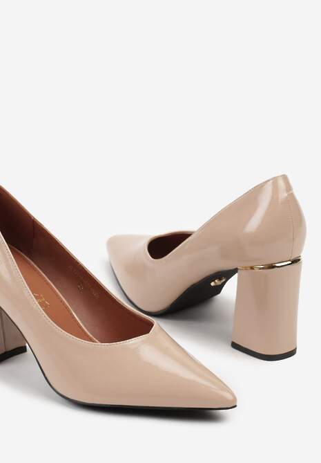 Beżowe Czółenka Lakierowane Vices na Słupku z Wkładką ze Skóry Naturalnej Modvire