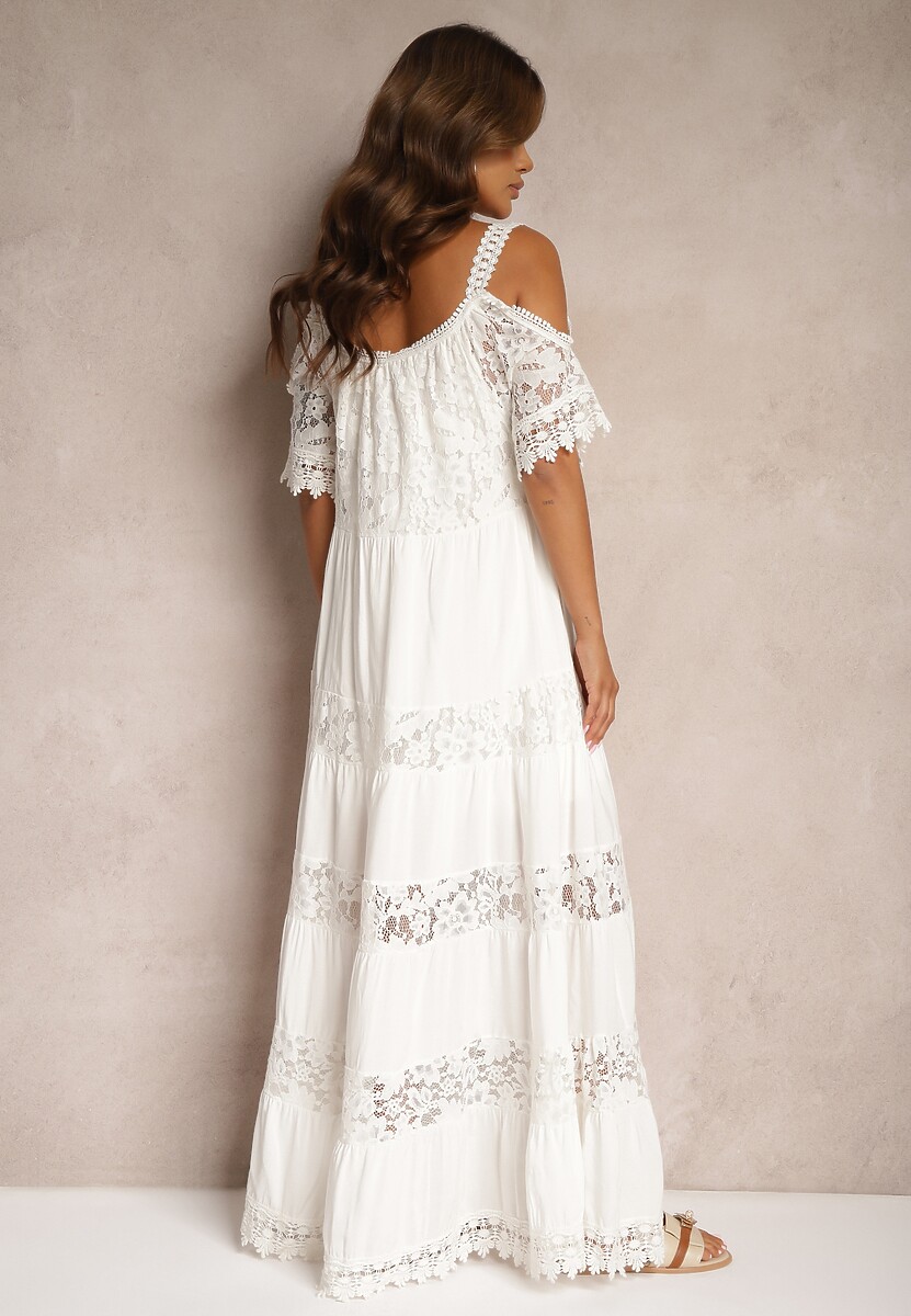 Biała Koronkowa Sukienka z Wiskozą o Rozkloszowanym Kroju na Ramiączkach Leris